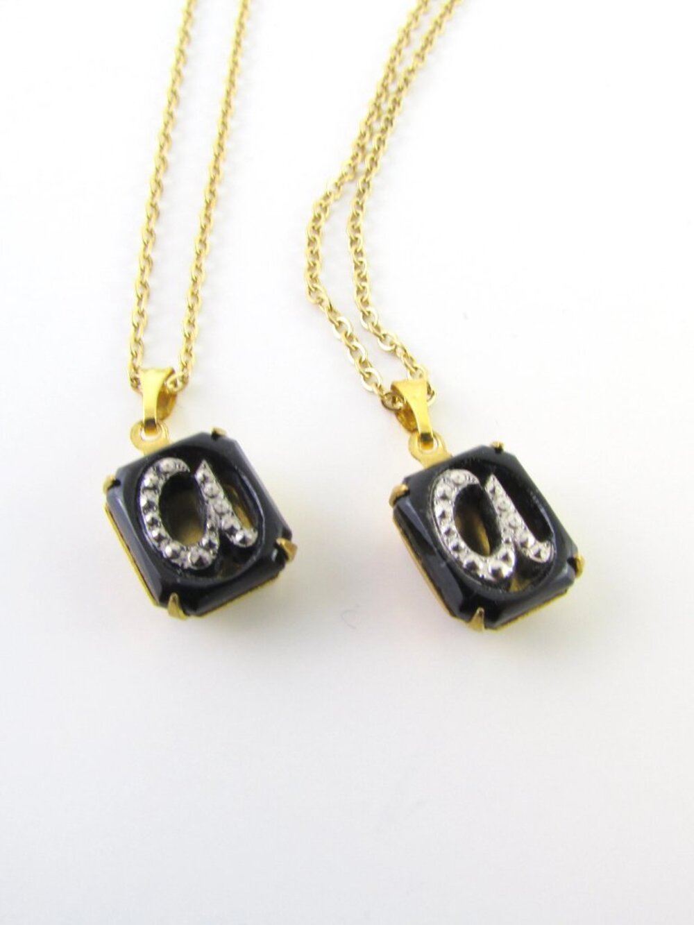Vintage Victorian Gothic Initial A Pendant Necklace - Black Glass and Marcasite